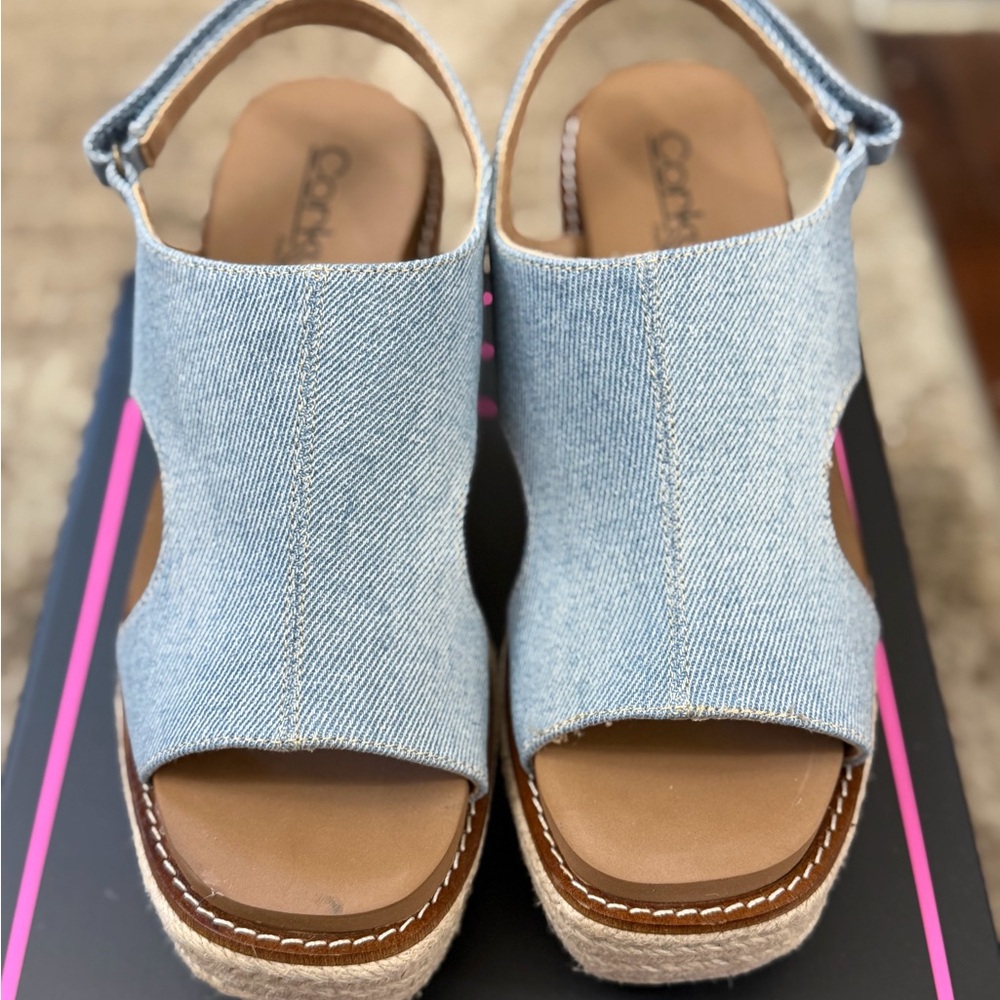 Corkys Light Blue Denim Wedge Sandals - Picture 3 of 5